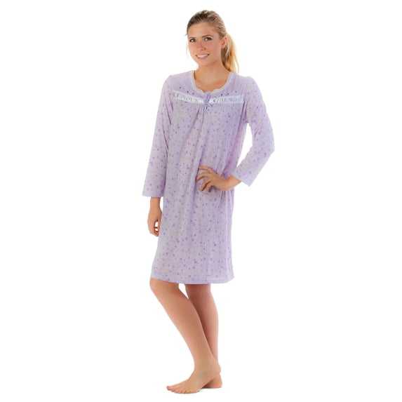 Casual Nights Women's Long Sleeve Henley Nightgown, Lightweight Cotton Blend Knit House Dress, 5 Button Front Closure & Polka Dot Print, Purple S