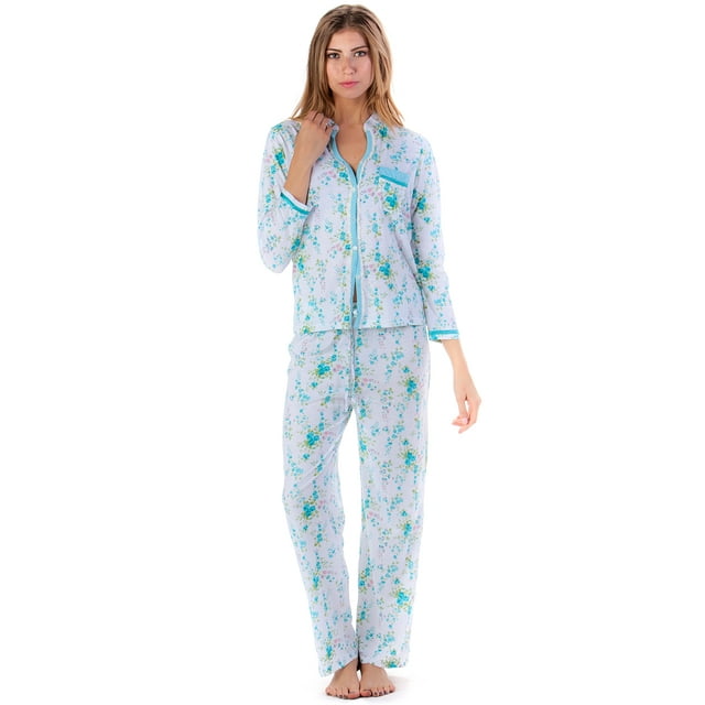 Casual Nights Women's Long Sleeve Floral Lace Trim Pajama Set - Walmart.com