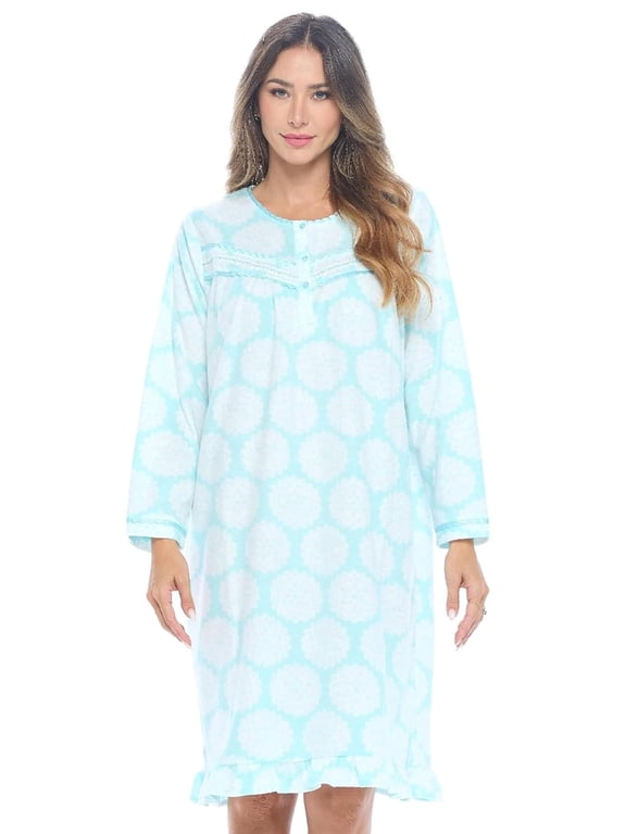 - Cozy Fleece Long Sleeve Nightgowns for Women | Elegent Print & Lace | Warm Sleepwear & Lounging | Soft Microfleece, Crew Neck, Button Closure | Aqua Blue - 3XL