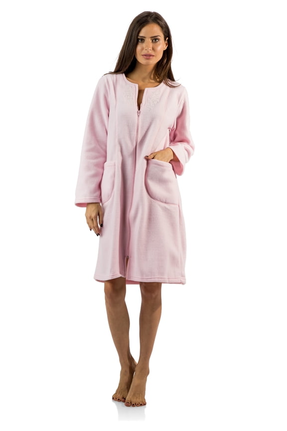 Women's Long Sleeve Zip Up Front Short Fleece Robe