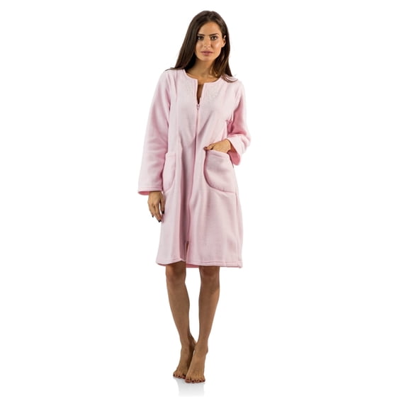 Casual Nights Women's Fleece Zip Front Robe, Long Sleeve Housecoat with Pockets, Lightweight Poly Fleece Floral Embroidered Duster, Pink XX-Large