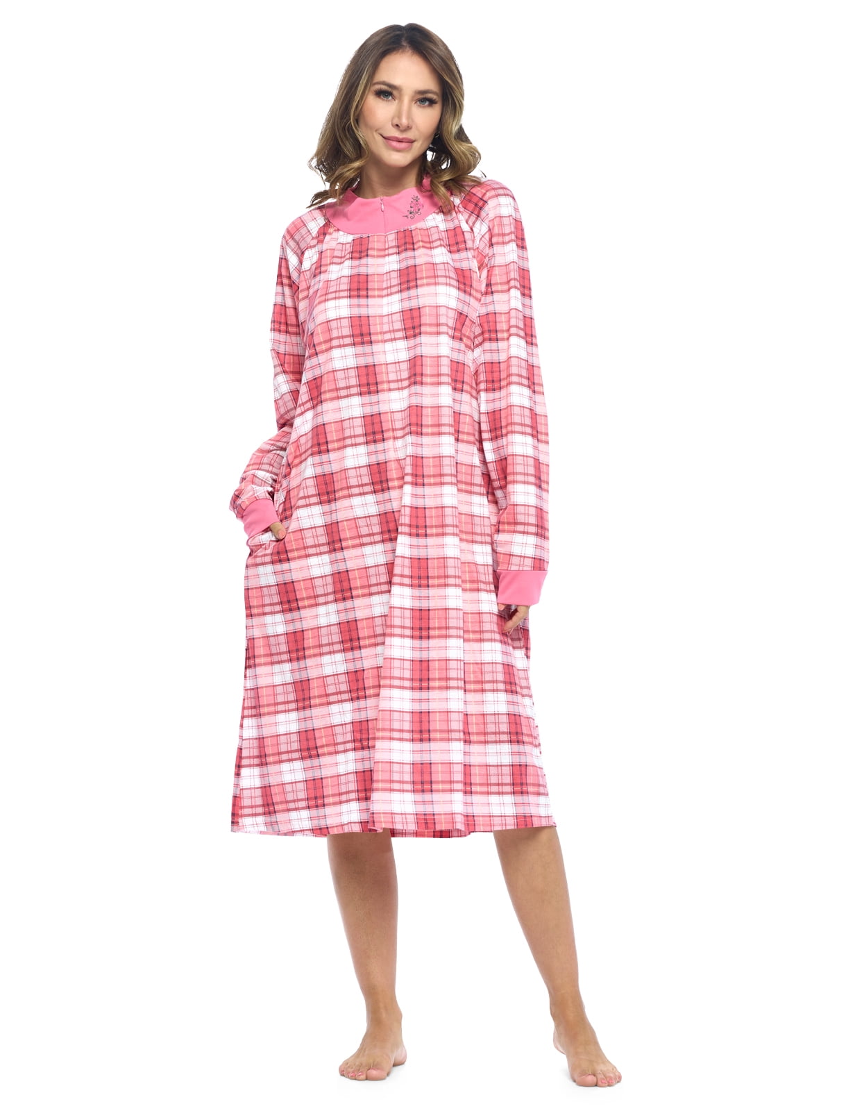 Casual Nights Women's Plaid Long Sleeve Zip Up Long Nightgown
