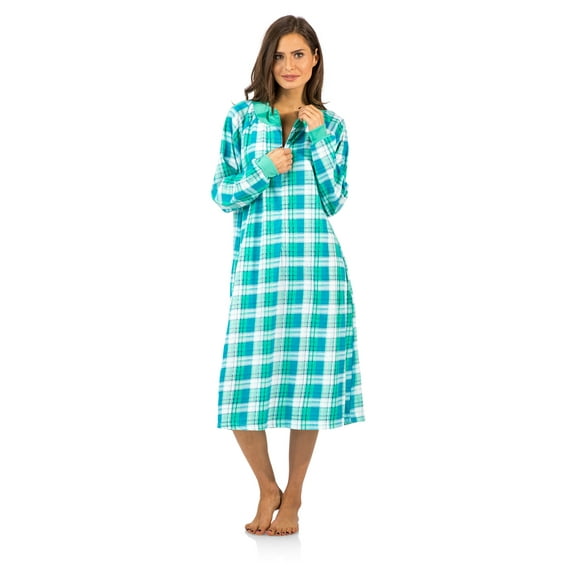 Casual Nights Women's Plaid Long Sleeve Zip Up Long Nightgown