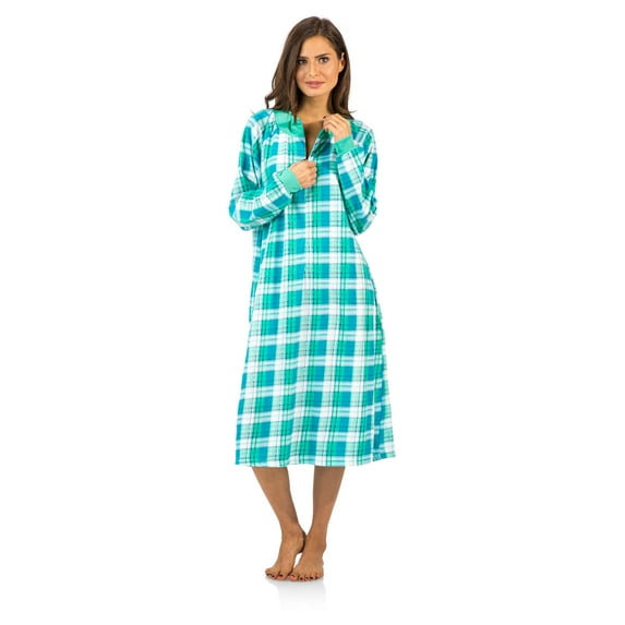 Casual Nights Women's Plaid Long Sleeve Zip Up Long Nightgown