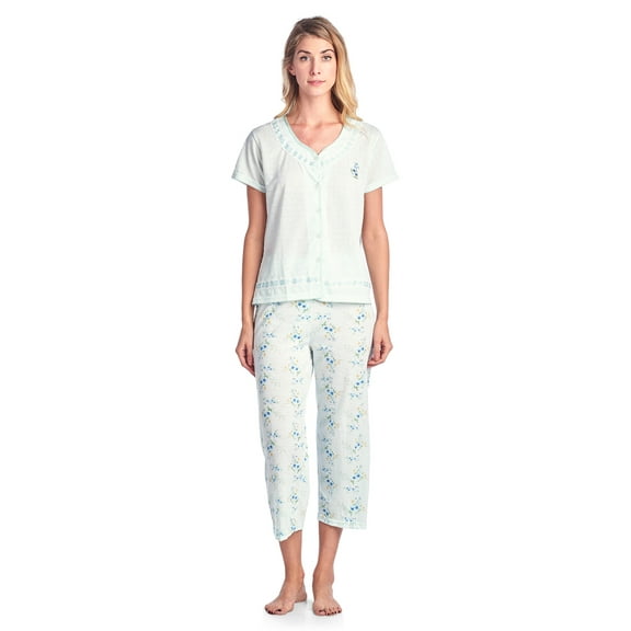 Casual Nights Women's Pointelle Short Sleeve Floral Capri Pajama Set