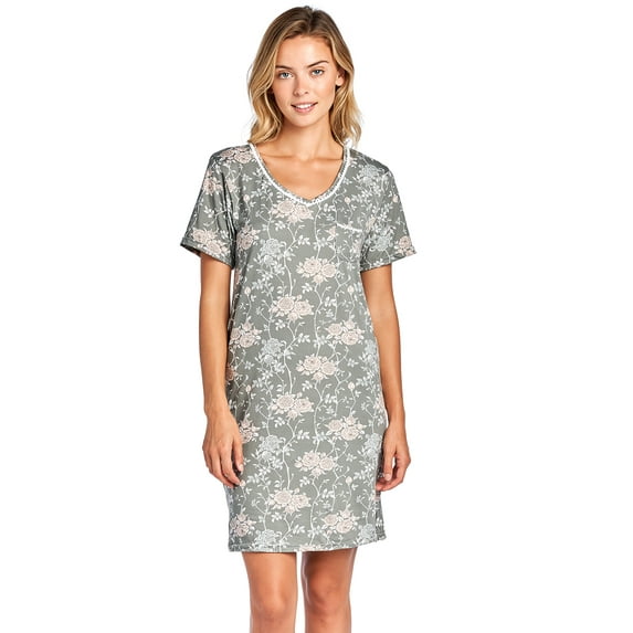 Casual Nights Women's Poly Short Sleeve Sleepwear Dorm Nightgown - Floral Grey - 2X