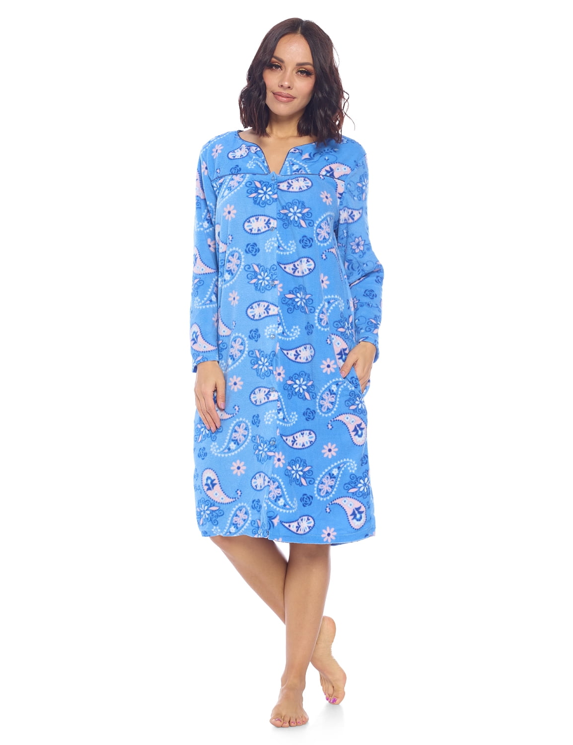 Casual Nights Women's Printed Fleece Snap-Front Lounger House Dress ...