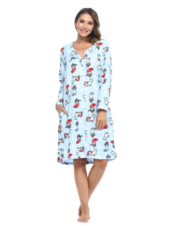 Women's Printed Fleece Snap-Front Lounger House Dress