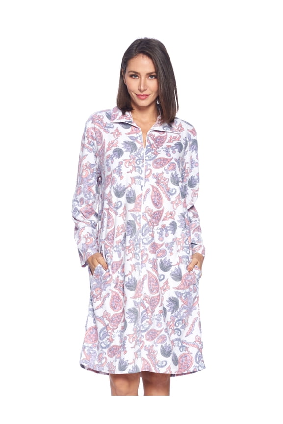 Women's Printed Zipper Front Micro Fleece Robe Duster