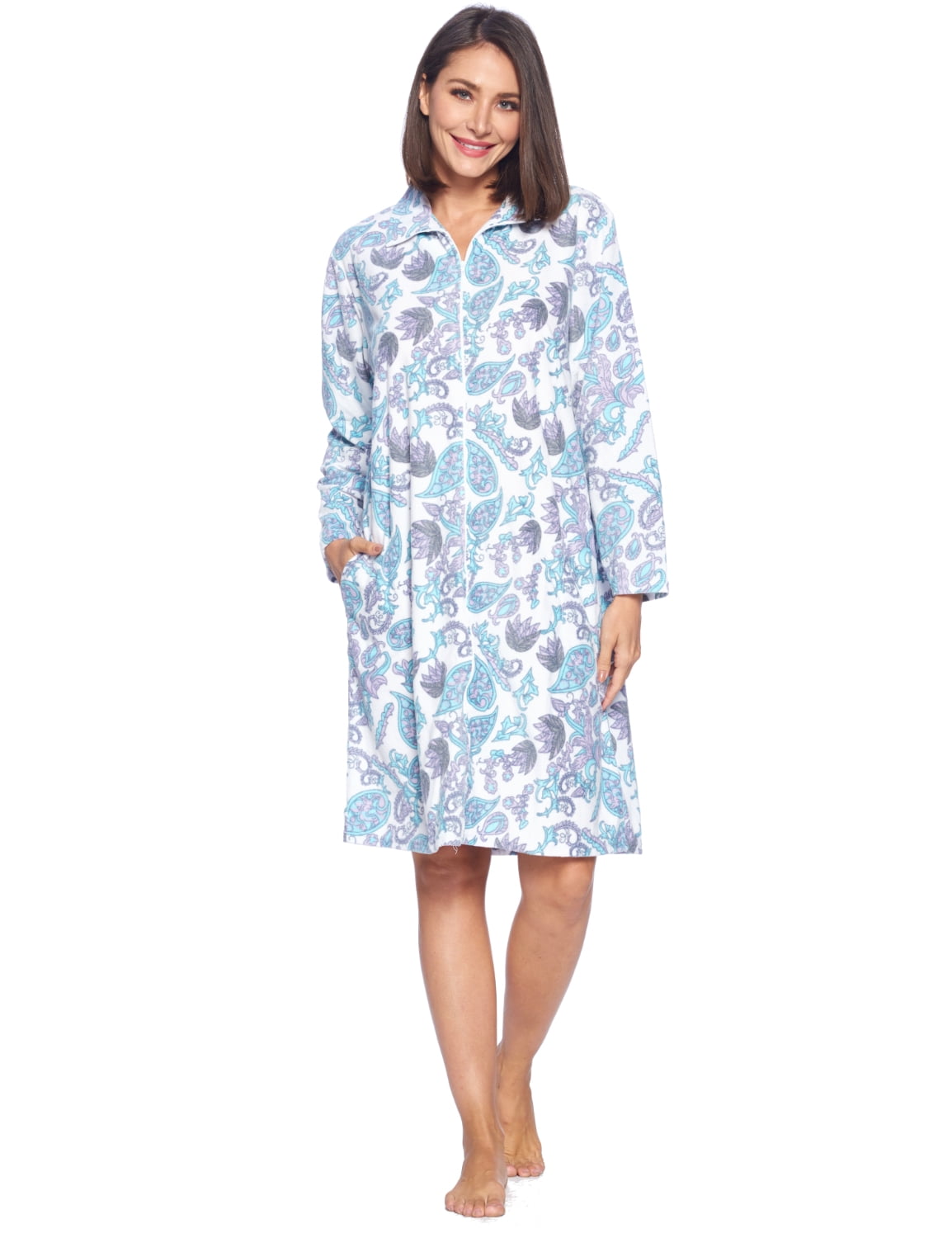 ladies micro fleece dressing gown Casual Nights Women's Printed Zipper Front Micro Fleece Robe Duster - Blue/White Paisley