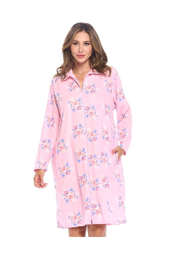 Women Zip Front Micro Fleece Housecoat, Long Sleeve Lightweight Floral Duster Robe with Pockets, 40 Inch Length, Floral Pink L