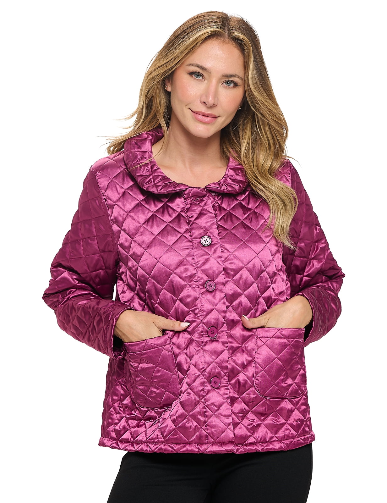 Casual Nights Women's Quilted Bed Jacket, Button Front Long Sleeve Sleep Top with Pockets