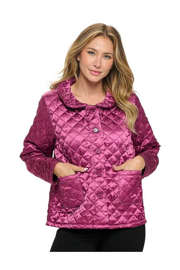 Women's Quilted Bed Jacket, Button Front Long Sleeve Sleep Top with Pockets