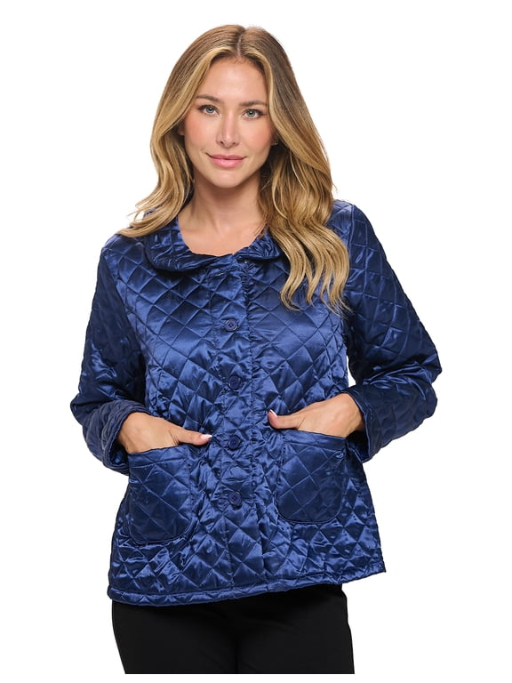 Women's Quilted Bed Jacket, Button Front Long Sleeve Sleep Top with Pockets