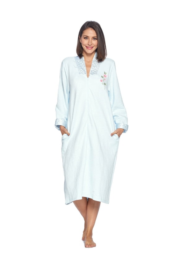 Women's Quilted Long Sleeve Zip Up House Dress Robe