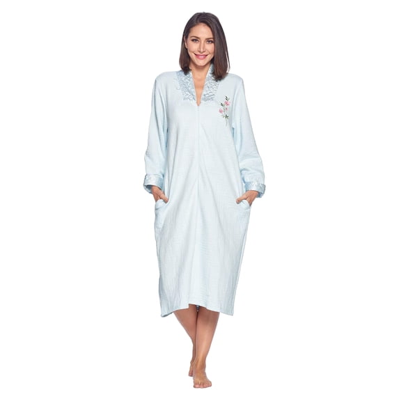 Casual Nights Women's Quilted Zip Up Robe With Pockets, Long Sleeve House Coat Duster, Poly-Cotton Blend Sleepwear, Blue - Midi XX-Large