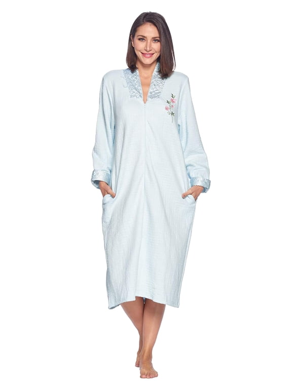 Women's Quilted Zip Up Robe With Pockets, Long Sleeve House Coat Duster, Poly-Cotton Blend Sleepwear, Blue - Midi Medium