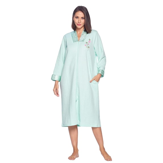 Casual Nights Women's Quilted Zip Up Robe With Pockets, Long Sleeve House Coat Duster, Poly-Cotton Blend Sleepwear, Green - Midi X-Large