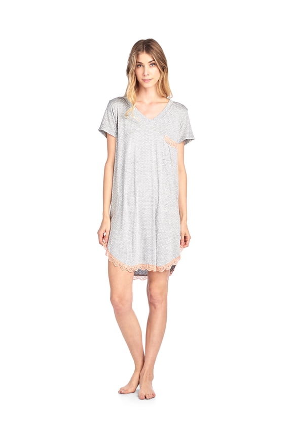 Women's Rayon Short Sleeve Dot Dorm Sleepwear Nightshirt - Grey - Large