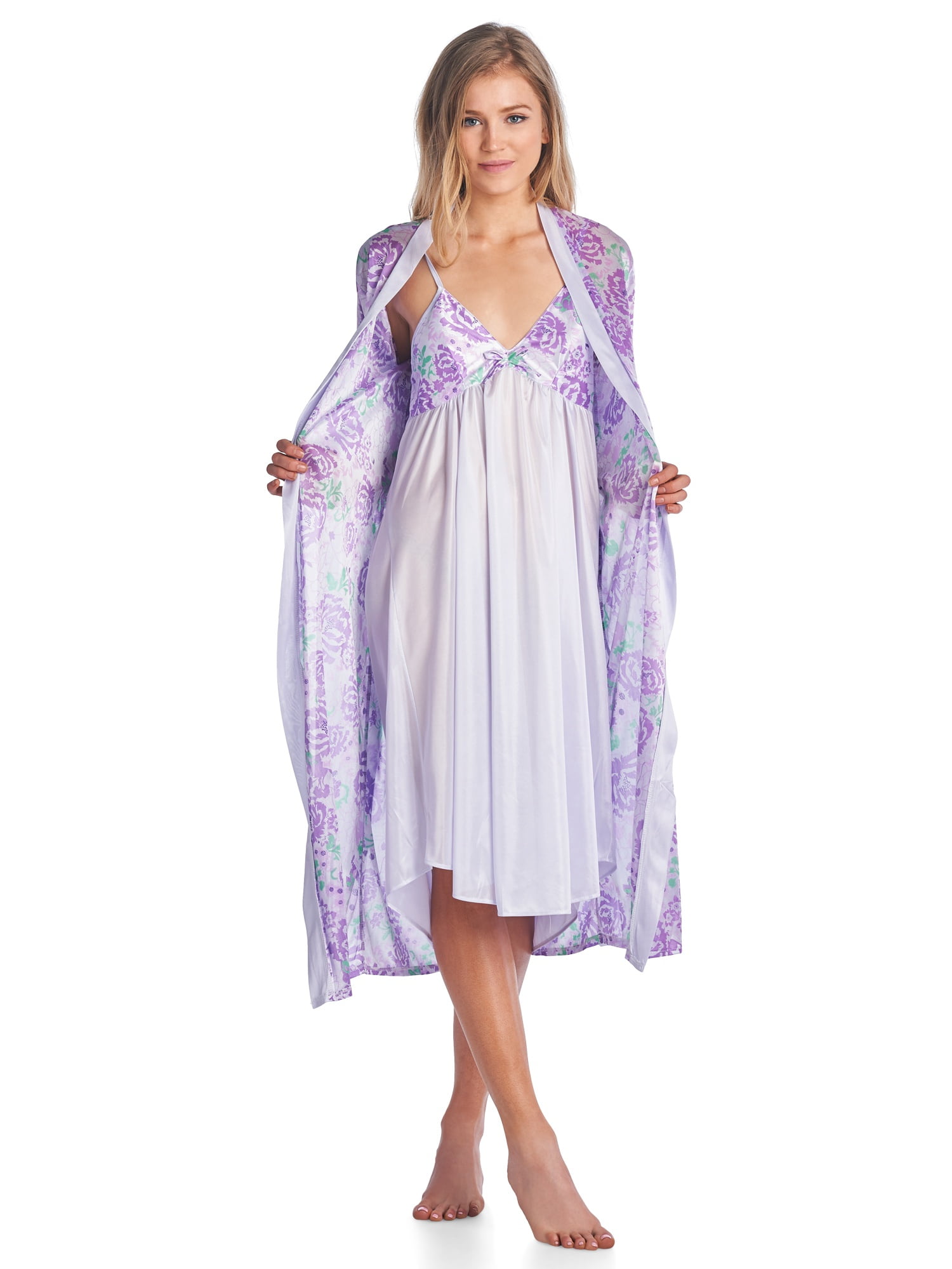 Bed 2 Robe Casual Nights Women's Satin 2 Piece Robe and Nightgown Set, Silky ...