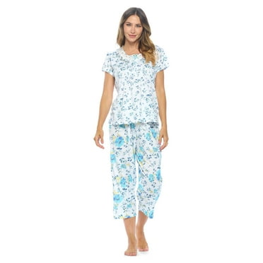 Casual Nights Women's Short Sleeve Embroidered Floral Capri Pajama Set