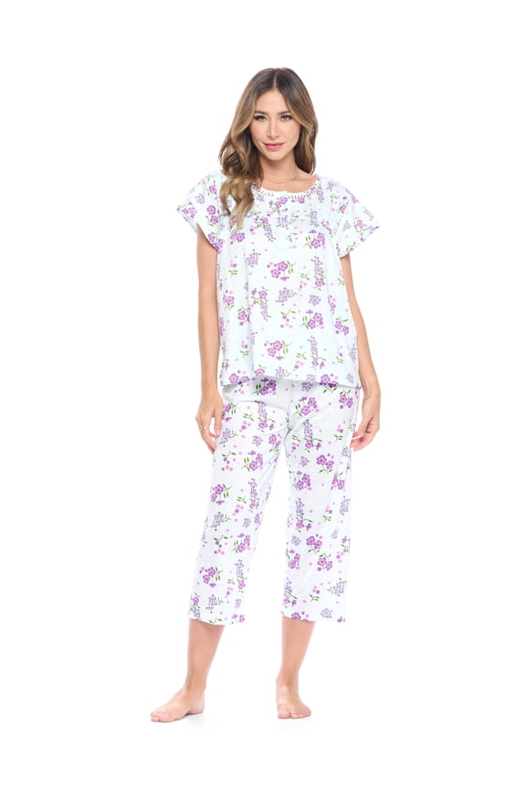 Women's Short Sleeve Embroidered Floral Capri Pajama Set