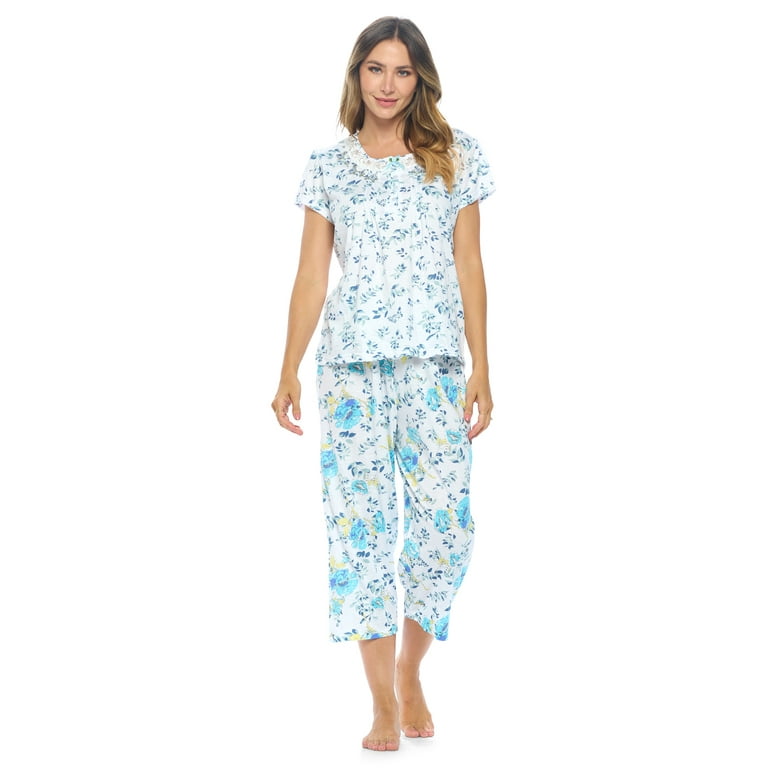 Casual Nights Women s Short Sleeve Embroidered Floral Capri Pajama