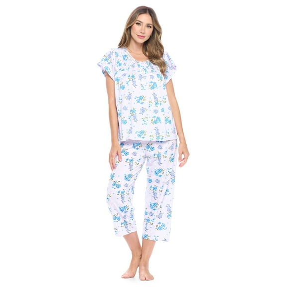 Casual Nights Women's Short Sleeve Embroidered Floral Capri Pajama Set