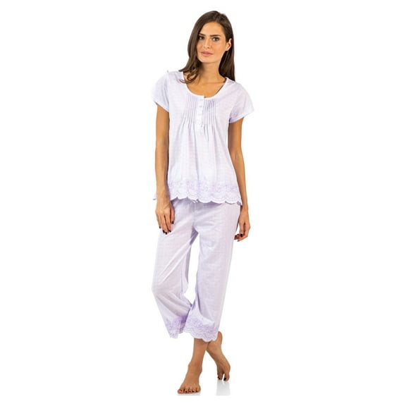 Casual Nights Women's Short Sleeve Embroidered Floral Capri Pajama Set