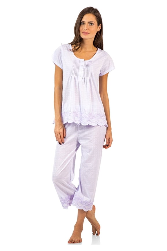 Women's Short Sleeve Embroidered Floral Capri Pajama Set