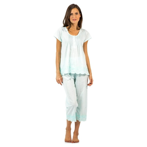 Casual Nights Women's Short Sleeve Embroidered Floral Capri Pajama Set