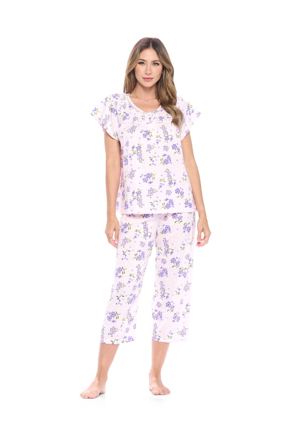 Women's Short Sleeve Embroidered Floral Capri Pajama Set