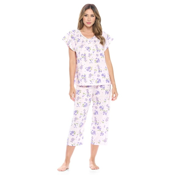 Casual Nights Women's Short Sleeve Embroidered Floral Capri Pajama Set