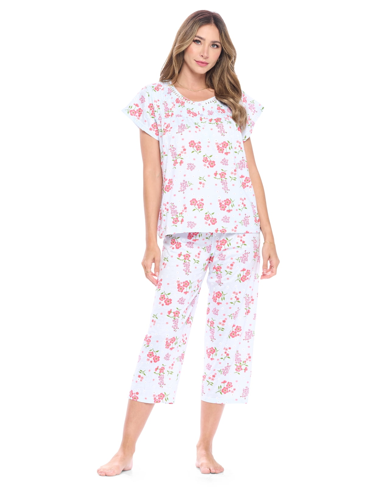 Women's Floral Capri Pajama Set - Short Sleeve, Comfy Cotton Blend - View #7