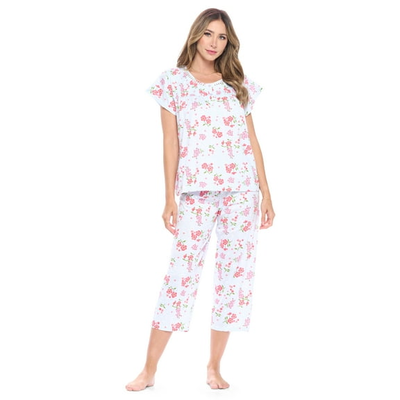 Casual Nights Women's Short Sleeve Embroidered Floral Capri Pajama Set