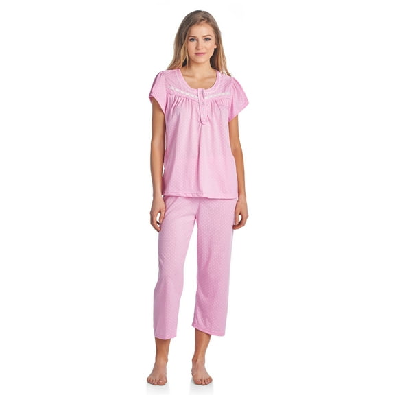 Casual Nights Women's Short Sleeve Embroidered Floral Capri Pajama Set