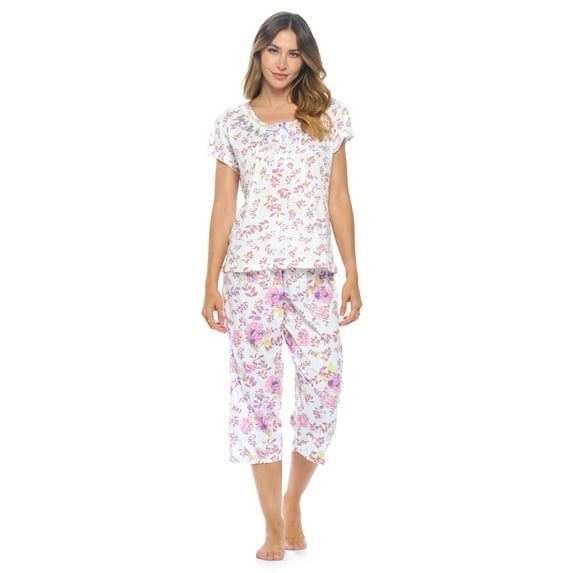 Casual Nights Women's Short Sleeve Embroidered Floral Capri Pajama Set