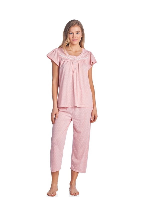 Women's Short Sleeve Embroidered Floral Capri Pajama Set