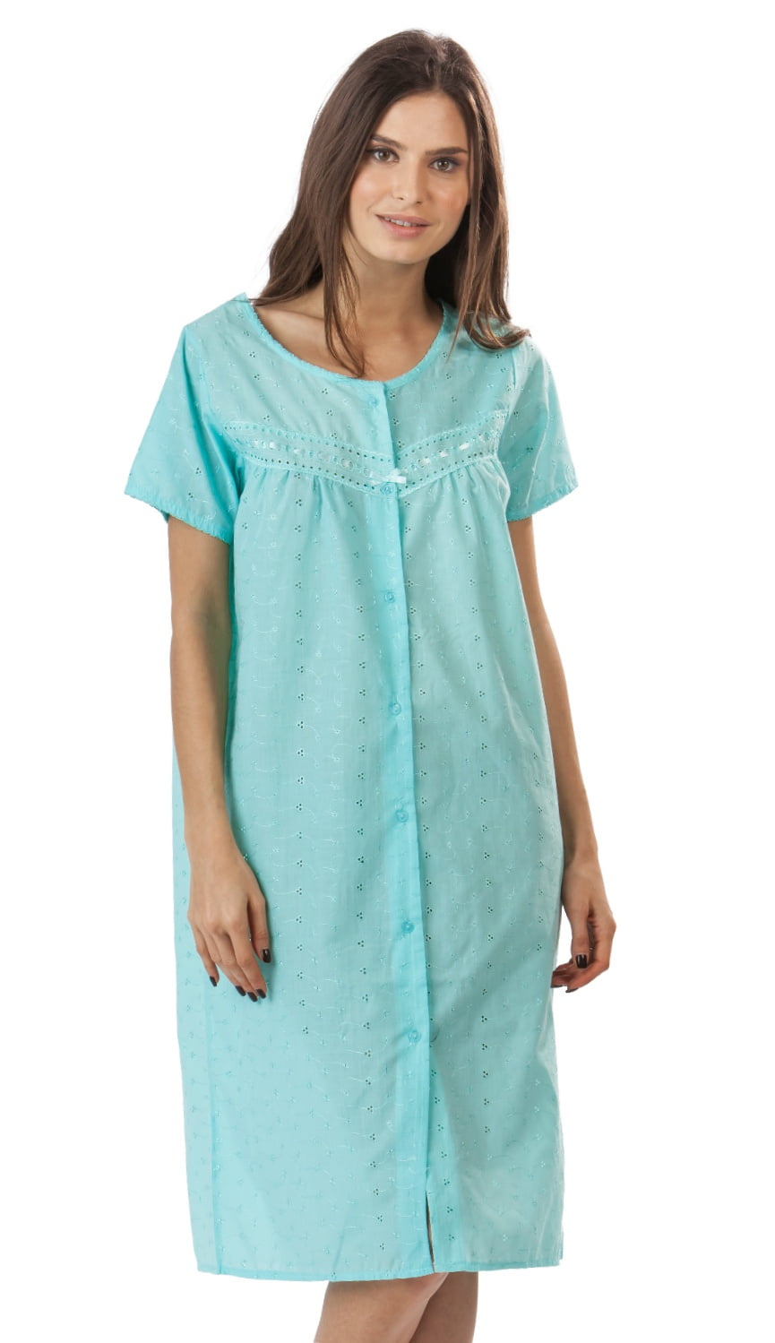 green emerald velvet dress Casual Nights Women's Short Sleeve Eyelet Embroidered House Dress - Blue