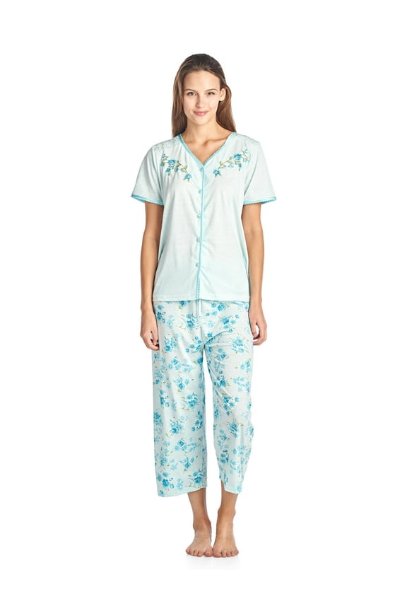 Women's Short Sleeve Floral Satin Lace Capri Pajama Set
