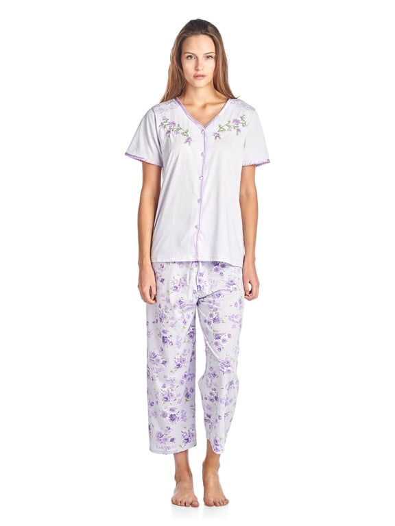 Women's Short Sleeve Floral Satin Lace Capri Pajama Set