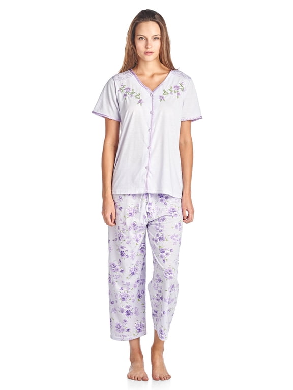 Women's Short Sleeve Floral Satin Lace Capri Pajama Set