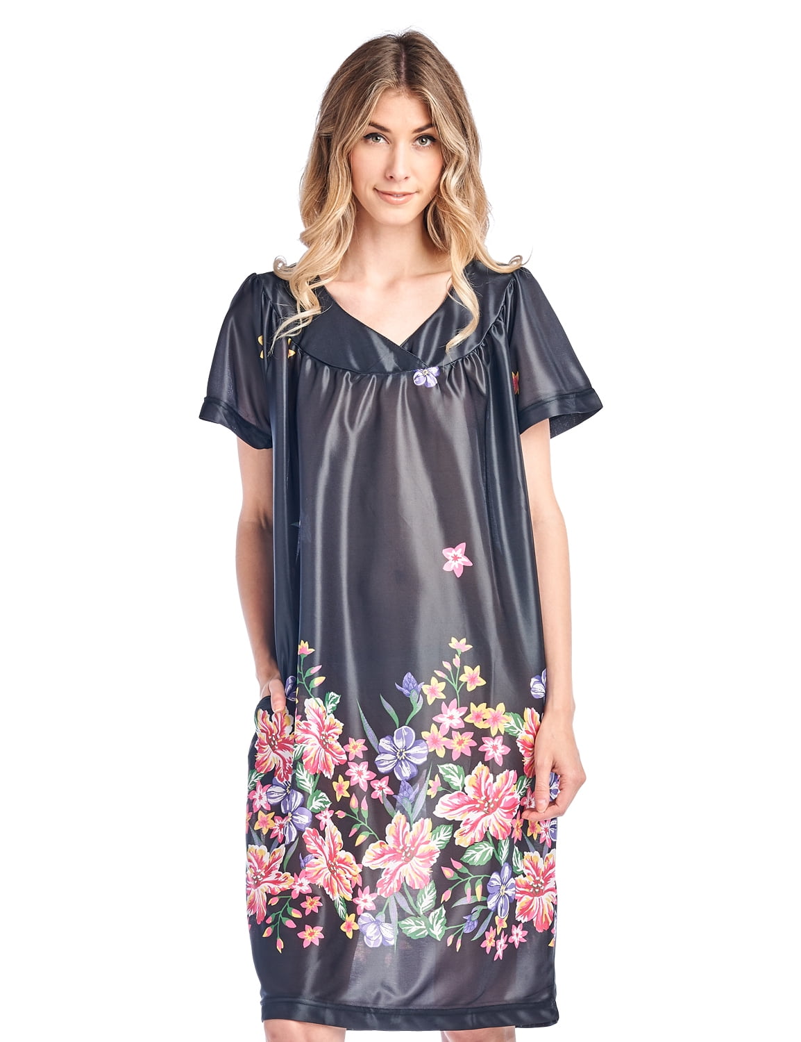 cotton muumuu dress walmart Ekouaer Nightgowns for Women Cotton House Dress with Pockets Short Sleeve Mumu Dress Embroidered Lounge Dress Blue Pigeon M