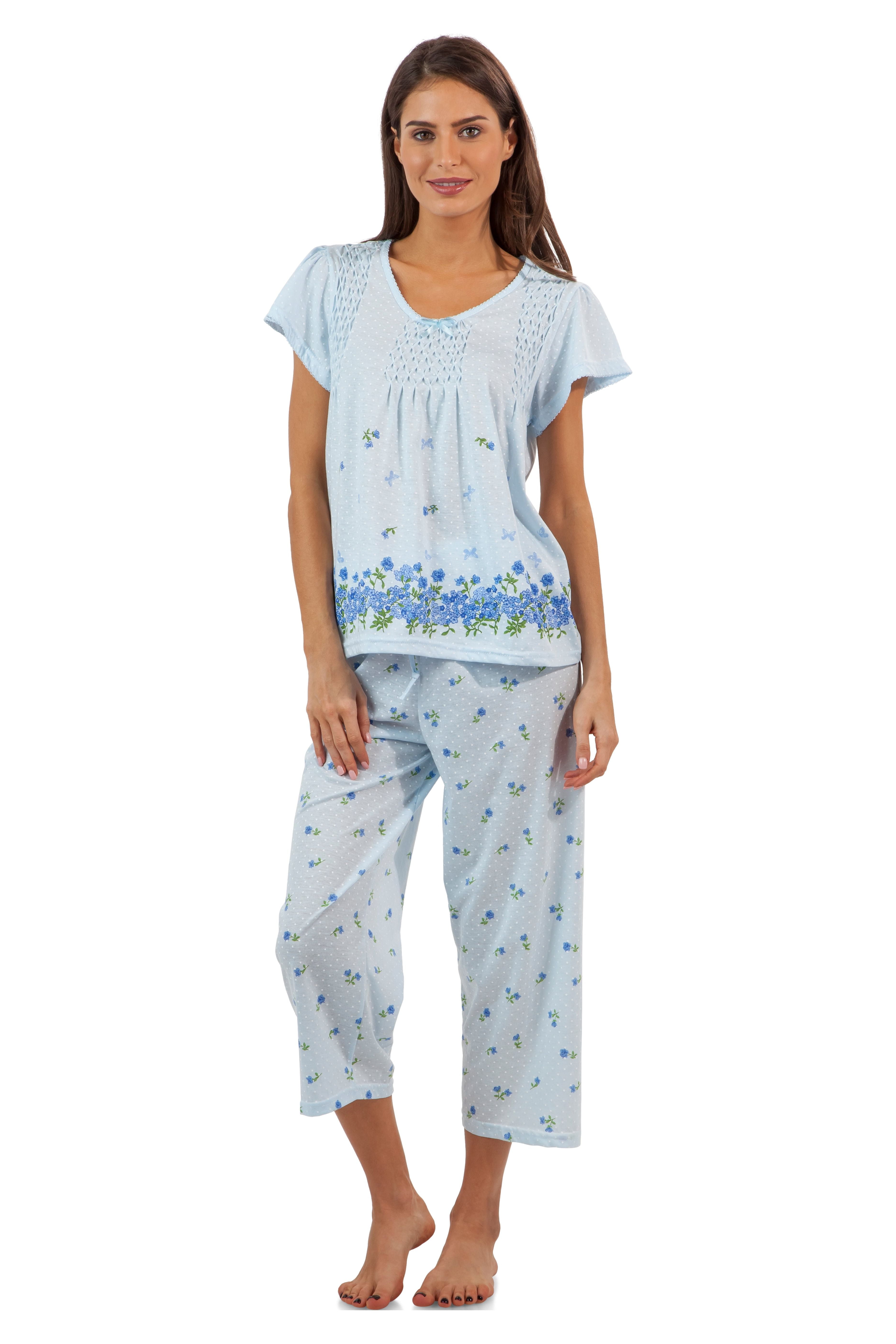 Casual Nights Women's Short Sleeve Top with Capri Pants Pjs Floral Border  Capri Pajama Set