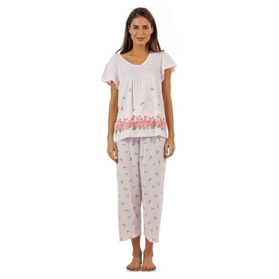 Casual Nights Women's Short Sleeve Top with Capri Pants Pjs Floral Border Capri Pajama Set