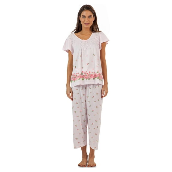 Casual Nights Women's Short Sleeve Top with Capri Pants Pjs Floral Border Capri Pajama Set