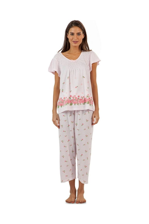 Women's Short Sleeve Top with Capri Pants Pjs Floral Border Capri Pajama Set