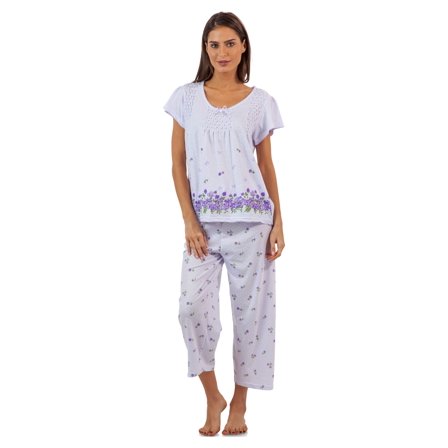 Casual Nights Women's Short Sleeve Top with Capri Pants Pjs Floral Border Capri Pajama Set