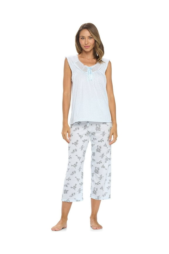 Women's Sleeveles Floral Lace Capri Pajama Set