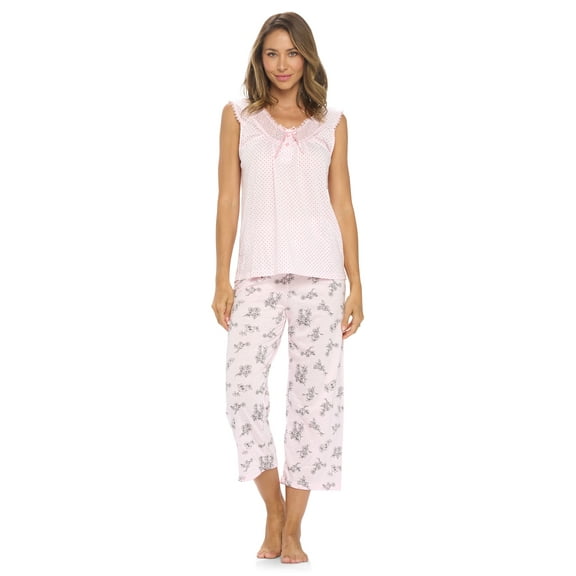 Casual Nights Women's Sleeveles Floral Lace Capri Pajama Set
